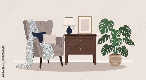 Elegant interior of a cozy living room featuring a classic wingback armchair, a wooden nightstand with a lamp, and a large lush monstera plant.