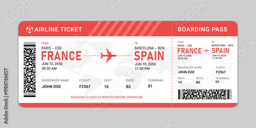 Airline Boarding Pass Ticket Template. Flight Voucher Coupon, Travel Event Invitation Card