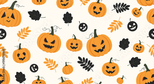 Spooky seamless Halloween pattern with carved orange pumpkins showing various scary expressions and black leaves on a light cream background.