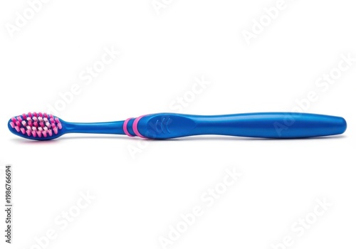 A blue toothbrush with pink bristles