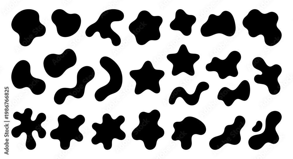 Fototapeta premium Organic abstract blob shapes collection, 21 black liquid silhouette elements, irregular fluid amoeba forms for modern graphic design and branding