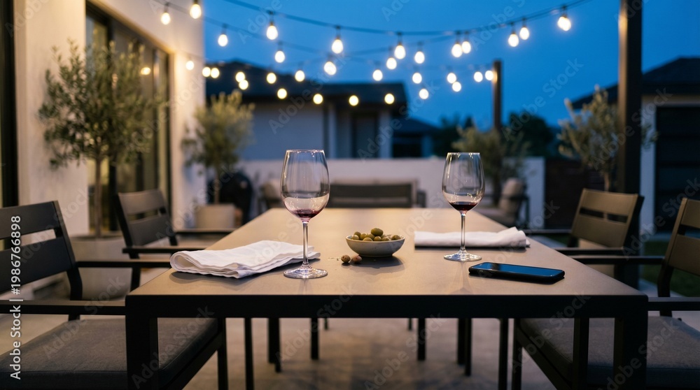Obraz premium Romantic outdoor dinner table set with wine and snacks under evening string lights.