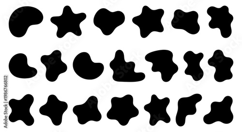 Organic blob shapes collection, 21 black abstract liquid silhouettes, amoeba and pebble vector elements for modern graphic design