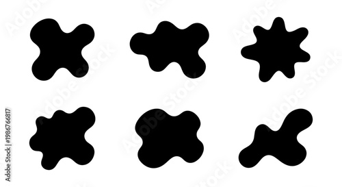Abstract organic blob shapes, set of 6 black liquid splash silhouettes, minimalist amoeba vector elements for modern graphic design