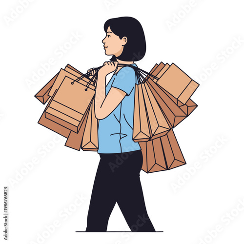 Woman carrying many shopping bags, illustration of consumerism and retail therapy