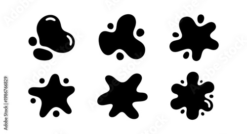Black liquid splash silhouettes, set of 6 organic ink blot vectors, abstract water drop shapes and fluid spill icons for graphic design