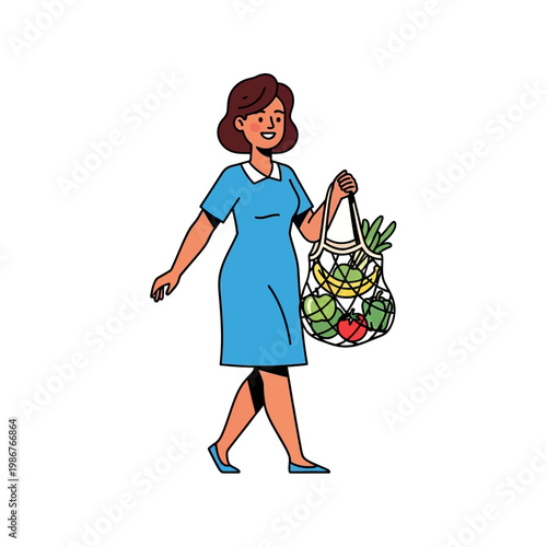 Woman carrying reusable mesh bag filled with fresh fruits and vegetables, walking happily.