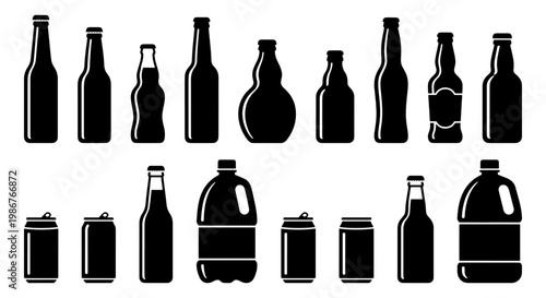 Black bottle silhouette icons, set of 15 beverage container vectors, glass beer bottles and aluminum soda cans, liquid packaging symbols for bar menus