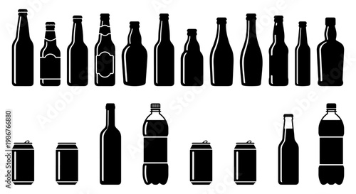 Black bottle silhouettes and drink cans collection, 18 beverage container icons, minimalist glass bottle and aluminum can vector set for packaging design
