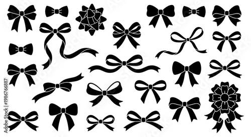 Black ribbon bow silhouettes collection, decorative gift knot vector set, elegant satin bow icons for wedding invitations and holiday packaging
