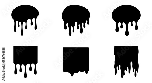 Black dripping paint silhouettes, set of 6 liquid drip shapes and ink splatters, melting oil or slime blobs, flowing fluid vector elements