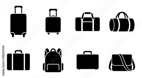 Travel luggage icon set, black solid vector baggage symbols, 8 travel bag elements including suitcase, backpack, and duffel for tourism design