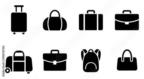 Minimalist luggage icon set, black travel bag silhouettes, collection of 8 baggage and suitcase vector symbols for tourism and business trips