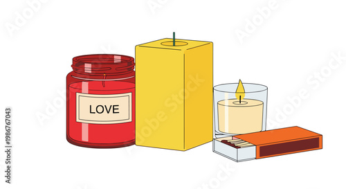 Group of various candles including a red jar labeled Love, a tall yellow block, a glass candle, and a box of matches for lighting a flame.
