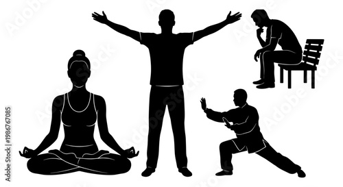 Black silhouette people collection, meditation and yoga poses, man practicing tai chi and qigong, person sitting on bench thinking, vector set
