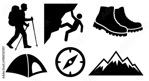 Mountain hiking and rock climbing icon set, black silhouette outdoor adventure symbols, 6 camping and mountaineering vector elements for travel maps