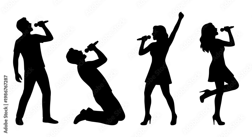 Fototapeta premium Singing silhouette vector set, male and female vocalists with microphones, performers in dynamic poses, black music artist silhouettes on white background