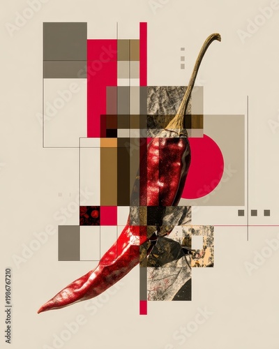 Vibrant Red Chili Pepper with Abstract Geometric Background Design