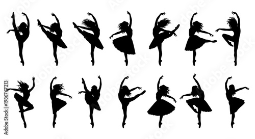Graceful ballerina silhouettes set, 14 ballet dancer vector elements in various poses, elegant female performers in tutus for theater and dance school
