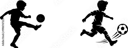 Black silhouettes of two young boys playing a fun game of soccer on a plain white background.