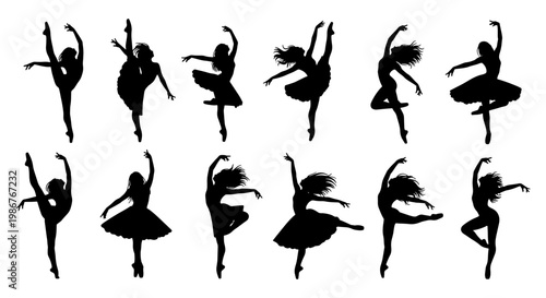 Graceful ballet dancer silhouettes set, 12 ballerina vector elements in various dance poses, black female performer figures for theater and arts