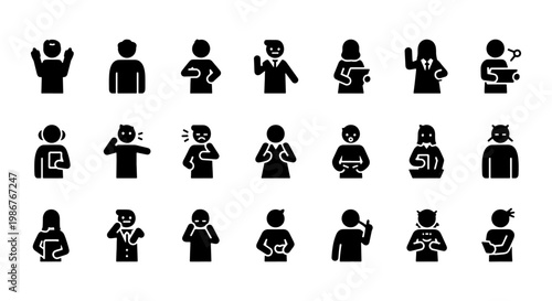 Minimalist black person icons set, 21 human character avatars in solid glyph style, diverse people silhouettes for web and mobile UI design