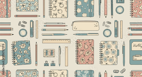 Seamless pattern of various school and office supplies including notebooks, pencils, pens, rulers, and pencil cases in a retro aesthetic style.
