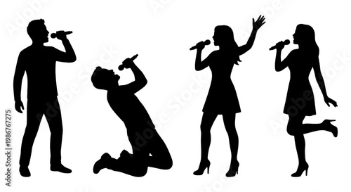 Singer silhouette vector set, male and female vocalists performing with microphones, karaoke party performers, music concert stage artists