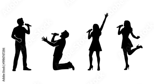 Singer silhouettes set with male and female vocalists, people singing into microphones, music performers and karaoke artists vector icons