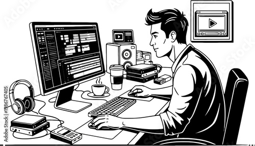 A man working on computer with video editing software and equipment