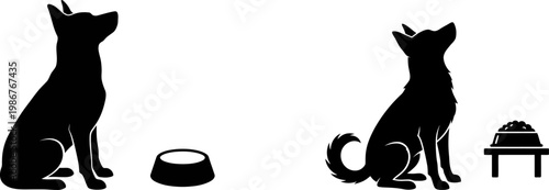 Black silhouette illustrations of two dogs sitting beside their respective empty and full bowls