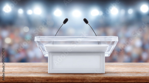 A transparent glass podium with microphones on a wooden table, set against a blurred audience and stage lights, symbolizing public speaking and professional conferences.