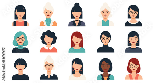 Diverse group of female avatars with various hairstyles, skin tones, and outfits presented in a clean and modern flat design style.