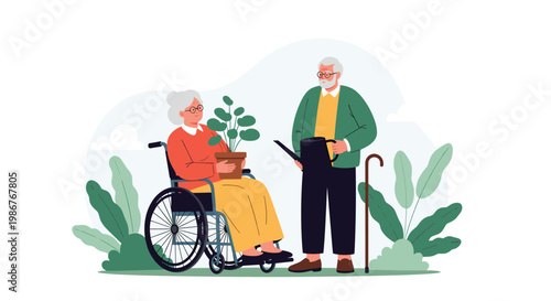 Elderly couple enjoying gardening together as the woman in a wheelchair holds a plant and the man uses a watering can.