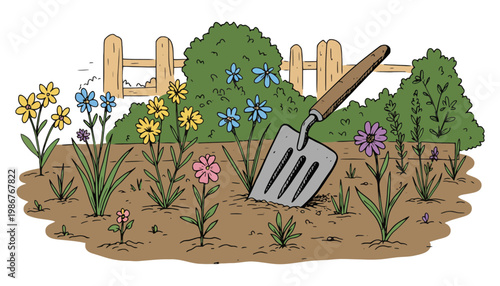 A garden shovel illustration in a colorful flower garden with fence
