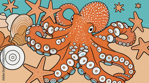 Colorful Octopus with Seashells and Starfish