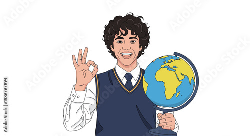 Happy young male student in a school uniform holding a desk globe and making an okay hand gesture with a bright smile.