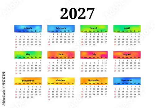 Calendar for 2027 isolated on a white background