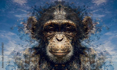 Majestic Portrait of a Monkey Against a Surreal Cloudy Background