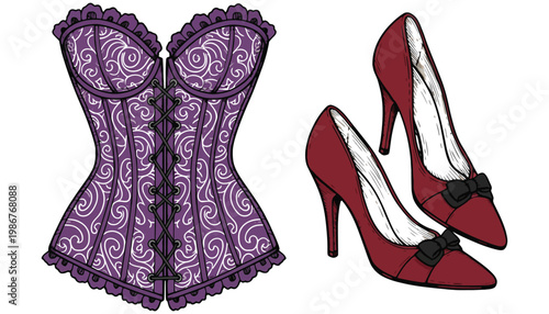A purple corset and red high heels illustration for fashion design