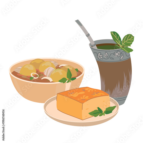 A famous and traditional Paraguayan soup known as vori-vori or bori-bori. Vector illustration Sopa Paraguay Cornbread. Terere is an iced version of mate tea.