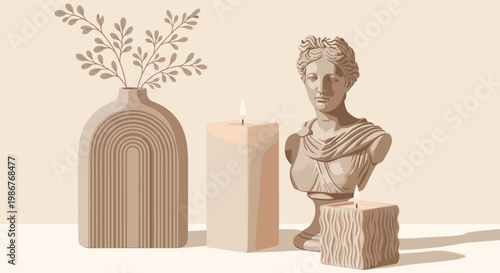 Aesthetic still life composition with a classical plaster bust, several burning candles, and a stylish vase with branches.