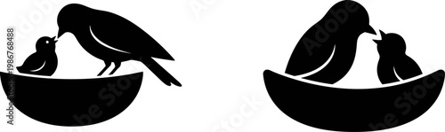 A pair of black silhouettes showing parent birds feeding their hungry chicks inside a nest