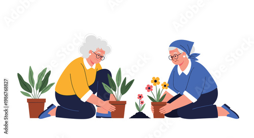 Senior women with grey hair work together in a garden while kneeling to plant colorful flowers in brown terracotta pots.