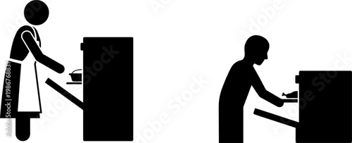 A black and white silhouette icon showing a woman and a man each using their own kitchen oven unit.