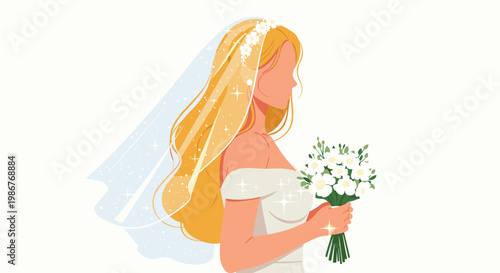 Elegant bride with long blonde hair and a white veil holds a bouquet of small white flowers while looking away in profile.