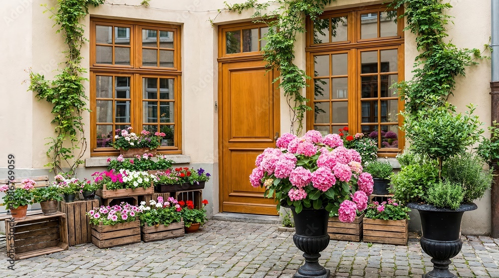 Fototapeta premium Pink hydrangeas and green plants in pots outside a wooden door and window potted plants flowers pink flowers