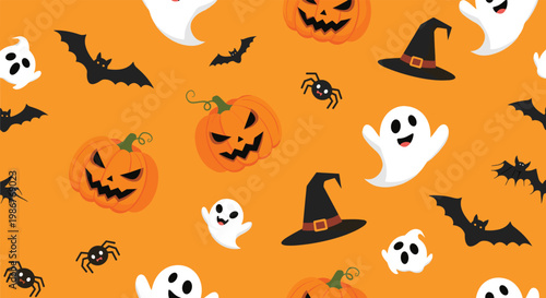 Fun Halloween seamless pattern showing orange jack-o-lanterns, friendly white ghosts, black bats, and witch hats on an orange base.