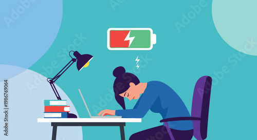 Exhausted young woman falls asleep at her desk while working on a laptop with a low battery symbol floating above her head.