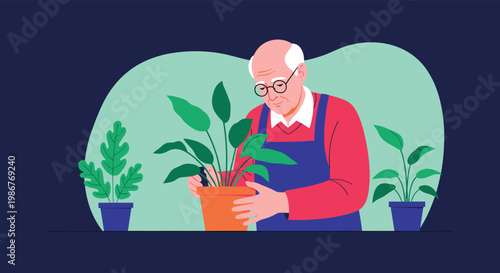 Elderly man wearing glasses and an apron carefully tends to a large green houseplant in a terracotta pot on a dark background.